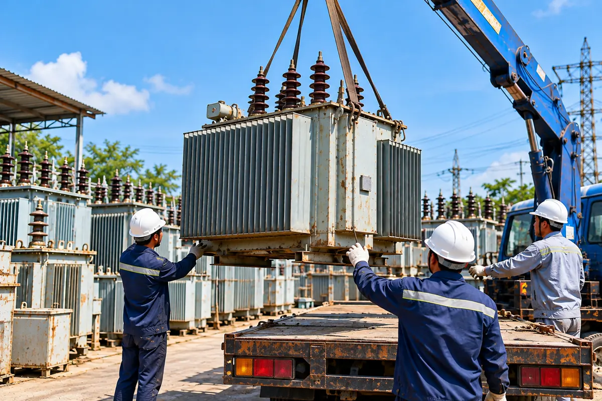 Minh họa tháo dỡ máy biến áp cũ bằng xe cẩu để bàn giao, thanh lý trạm biến áp 250kVA